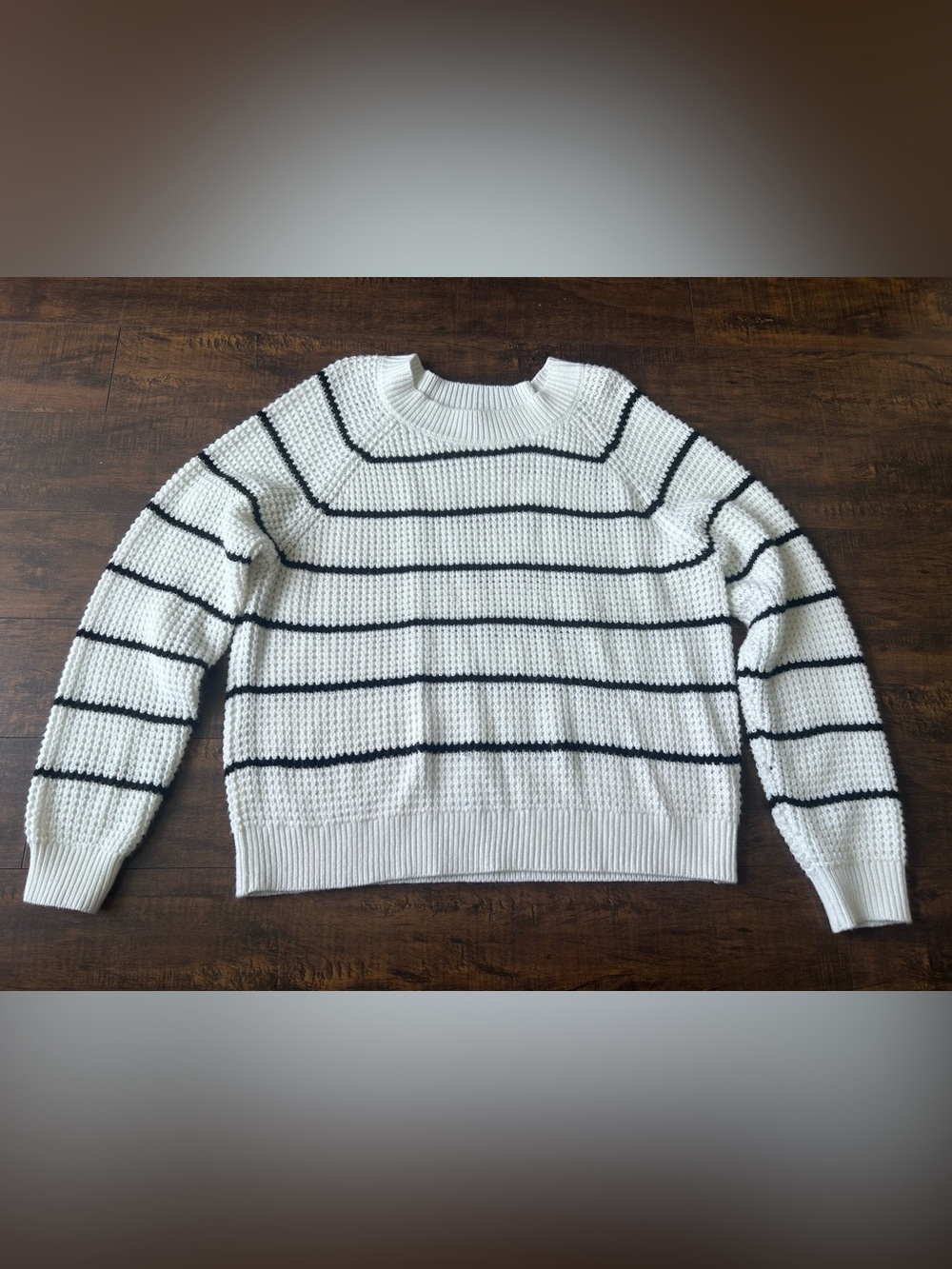 George White and Black Striped Crewneck Sweater